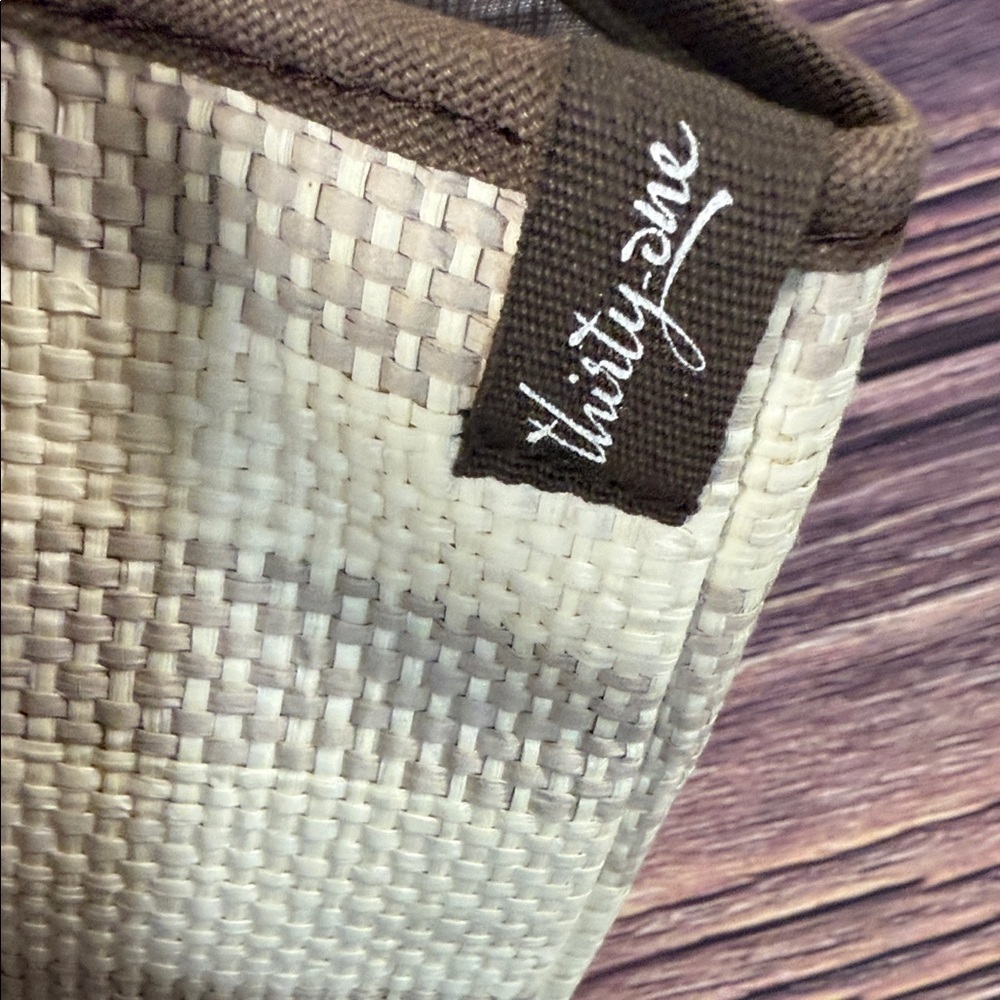 Thirty-One Canvas Crew Mini Tote in Taupe Straw Stripe Pattern Brown Canvas Trim - Picture 2 of 9